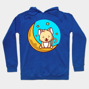 Cute Cat Sitting On Sickle Moon With Stars Cartoon Hoodie